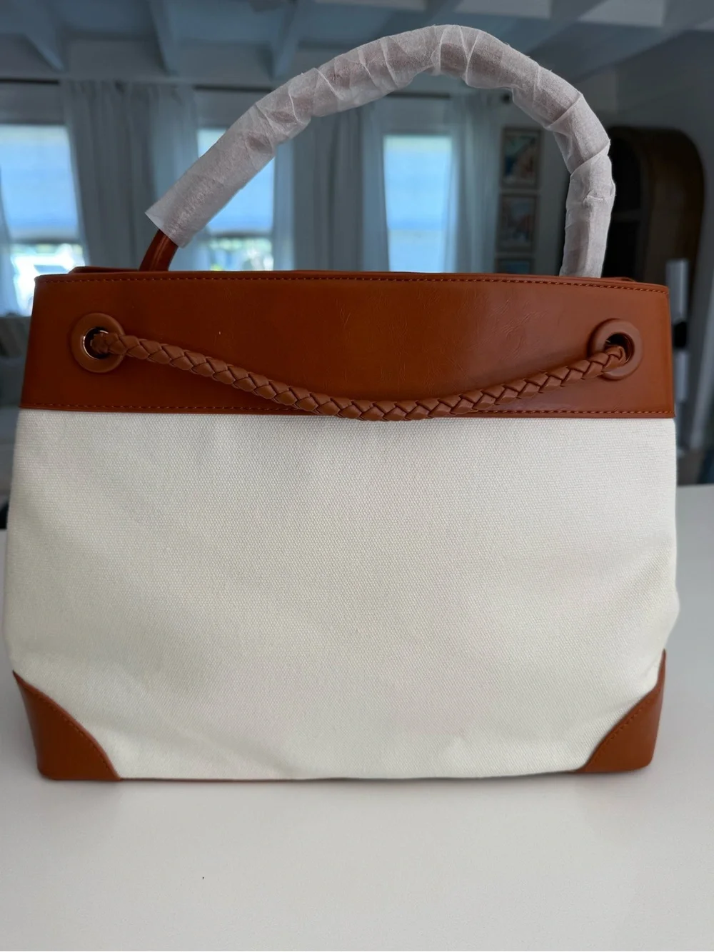 Canvas and Tan Leather Top-Handle Tote Bag - Cream/Tan